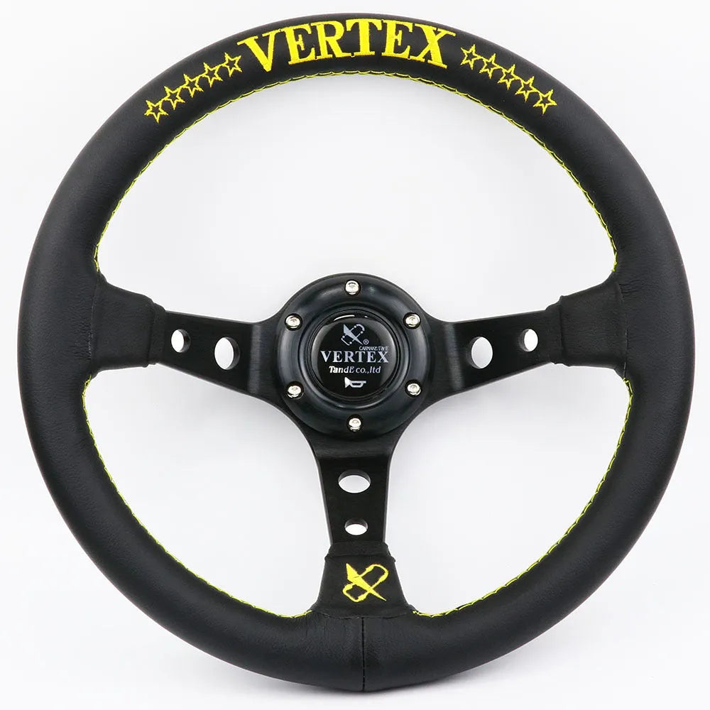 Black deep concave alloy racing steering wheel showing 330mm diameter and Vertex design options.