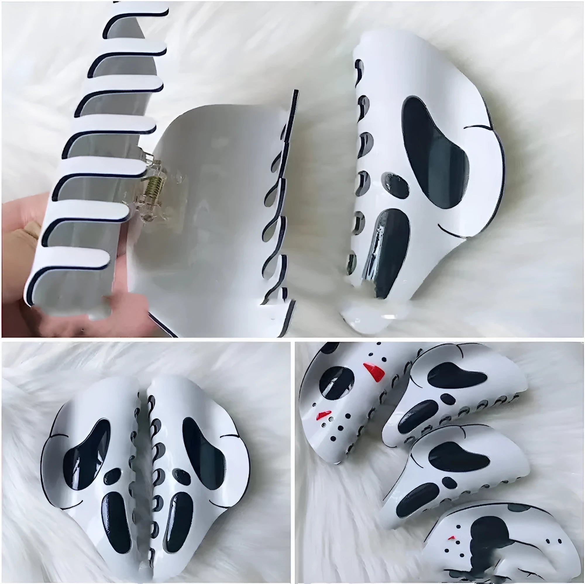 White plastic Halloween grimace barrette with 7 forks, 9.5x4x4.5cm, on white background