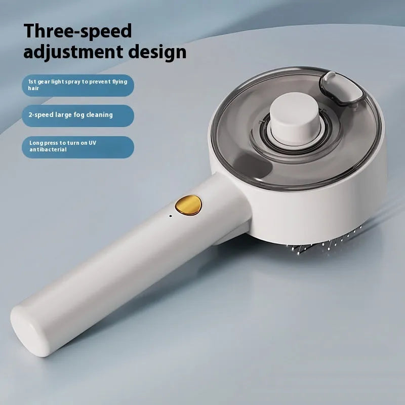 Ceramic White pet grooming brush with UVC light and essential oil spray tank for dogs and cats.
