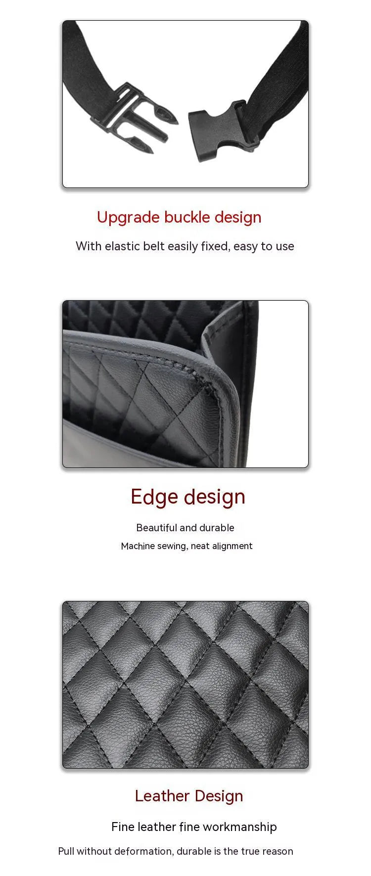 Leather car interior hanging storage bag in black, pink, green and white colours