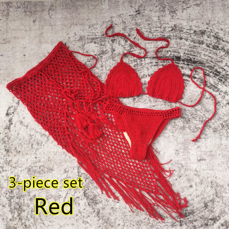 Women's handmade crochet three-piece bikini and beach skirt swimsuit set
