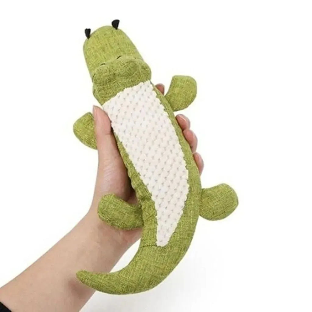 Plush squeaky dog toy in blue with linen fabric, 29cm length, on white background