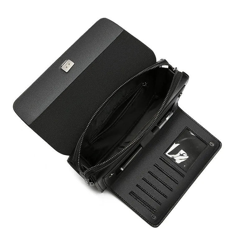 Men's black PU leather casual clutch with multiple card slots and plaid pattern