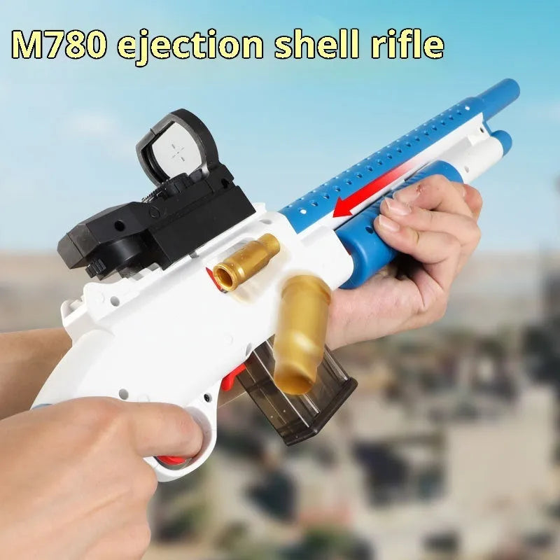 Sliding loaded throw shell soft elastic toy model 48cm plastic with two magazines and soft bullets Laifu Brown