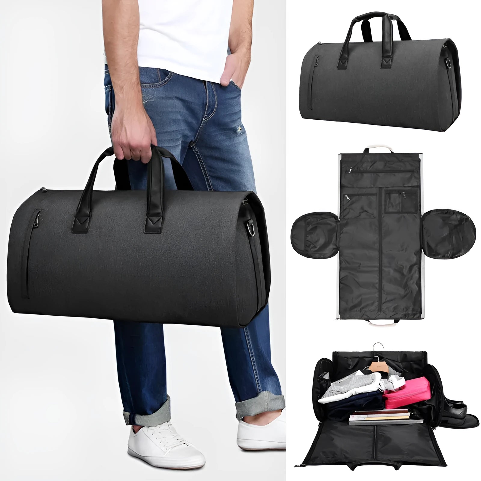 Medium-sized light grey Oxford cloth travel duffel bag with a strap, shown with internal organiser pockets open.