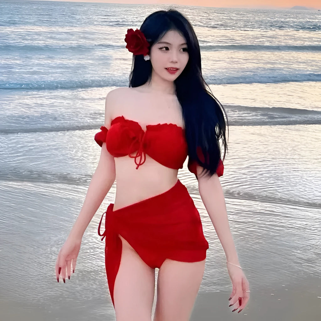 Red women's bikini swimsuit with puff sleeve skirt design in nylon fabric