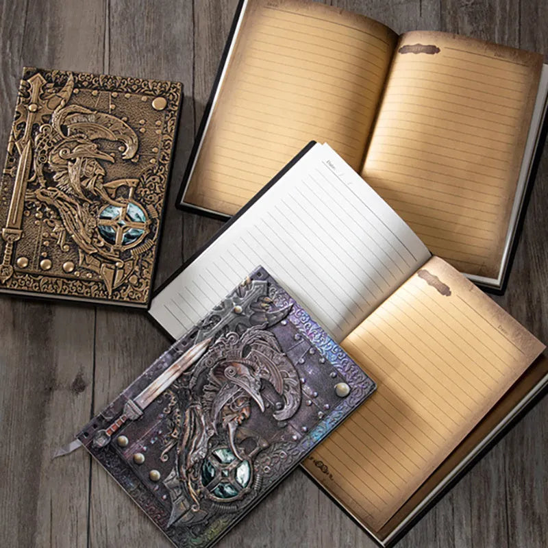 Handmade leather A5 notebook with embossed 3D warriors relief design on the cover.
