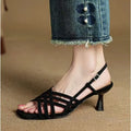 Retro soft leather thin cross straps high heel sandals with square toe and ankle buckle in beige, black, and light brown