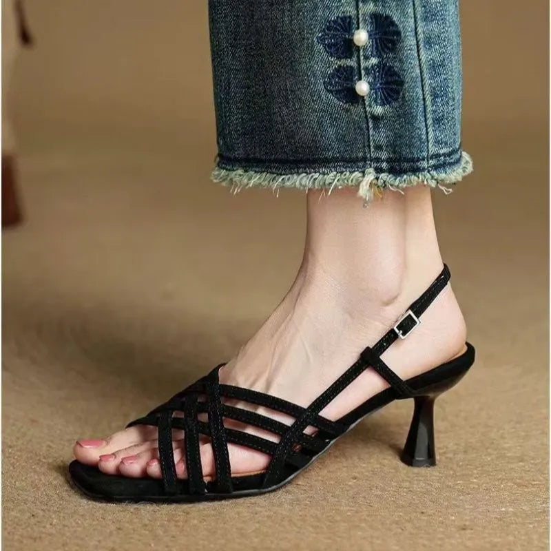 Retro soft leather thin cross straps high heel sandals with square toe and ankle buckle in beige, black, and light brown