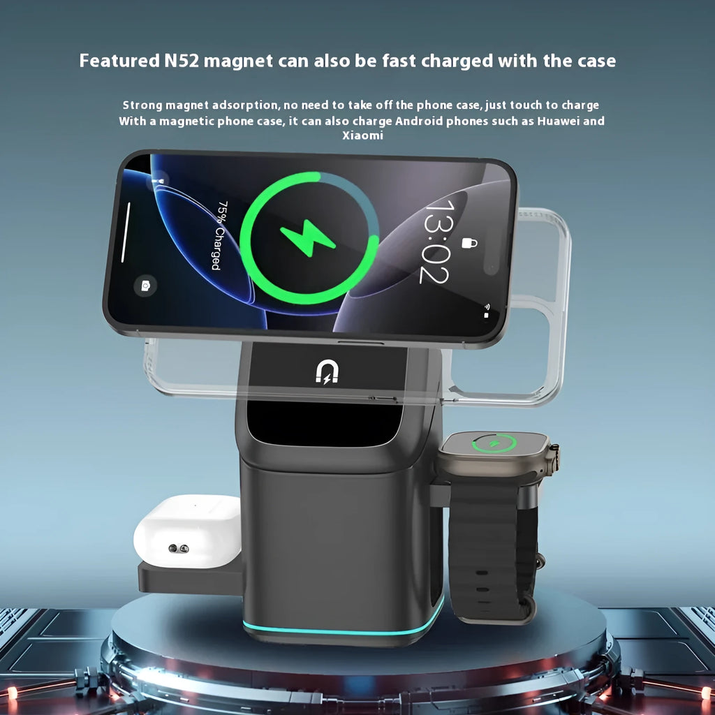 Black magnetic wireless phone charging stand showing 180-degree rotation with Type-C cable