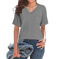 Grey loose V-neck t-shirt with pocket and short sleeves laid flat