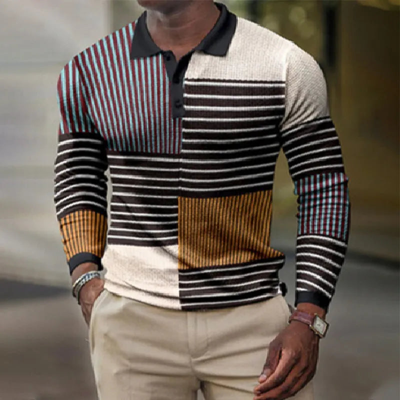 Men's grey striped long-sleeved top with 3D printed texture on mannequin