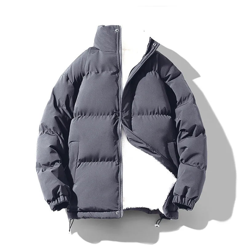 Warm solid color loose stand-collar unisex polyester winter coat in black, front view