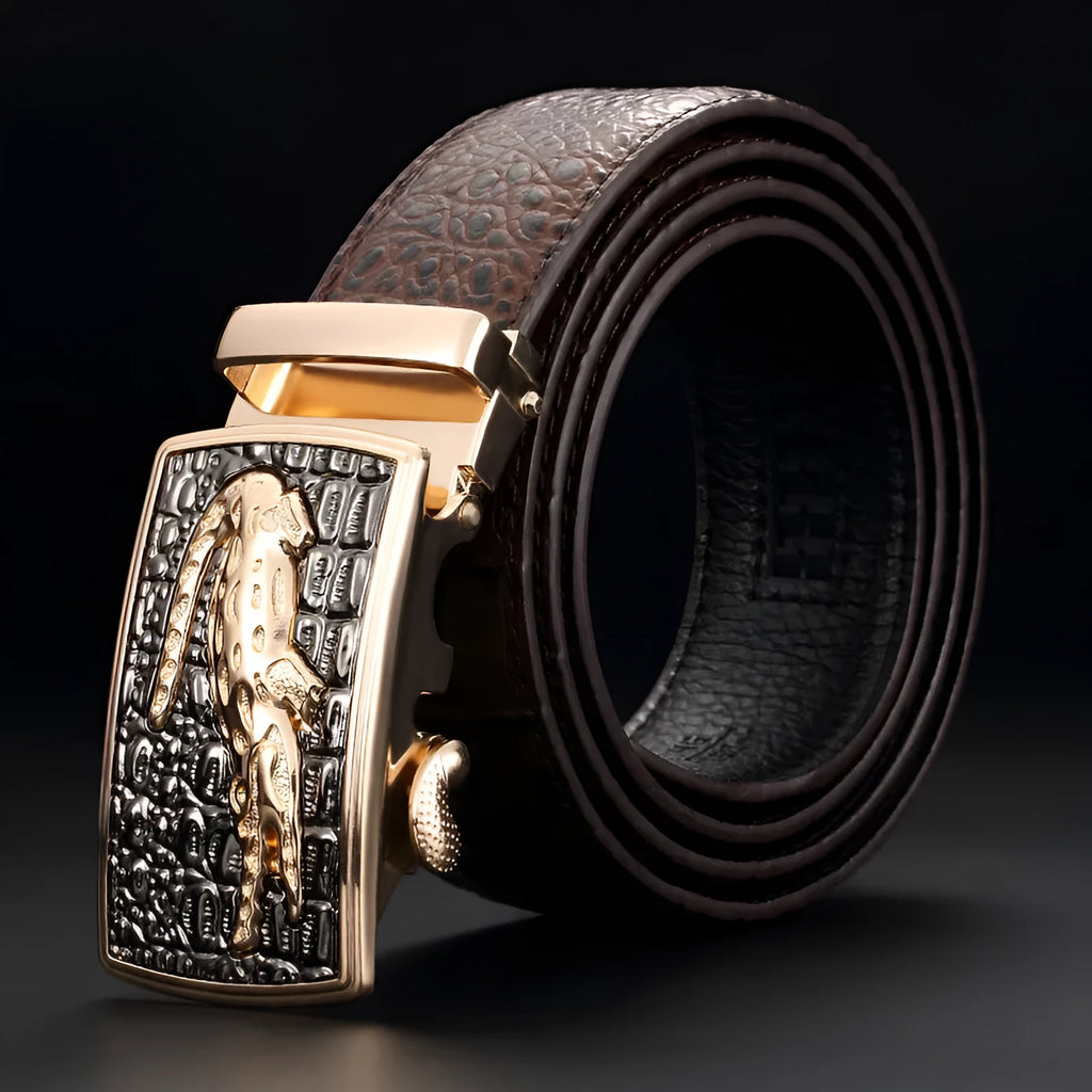 Men's cowhide automatic buckle waist belt in black with alloy buckle, 110cm length