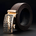 Men's cowhide automatic buckle waist belt in black with alloy buckle, 110cm length