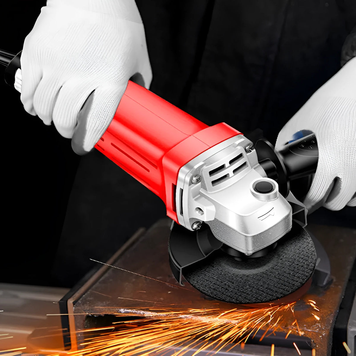 Angle grinder with 710W input, 1600W output, 100mm disc, and 10mm chuck for cutting and grinding