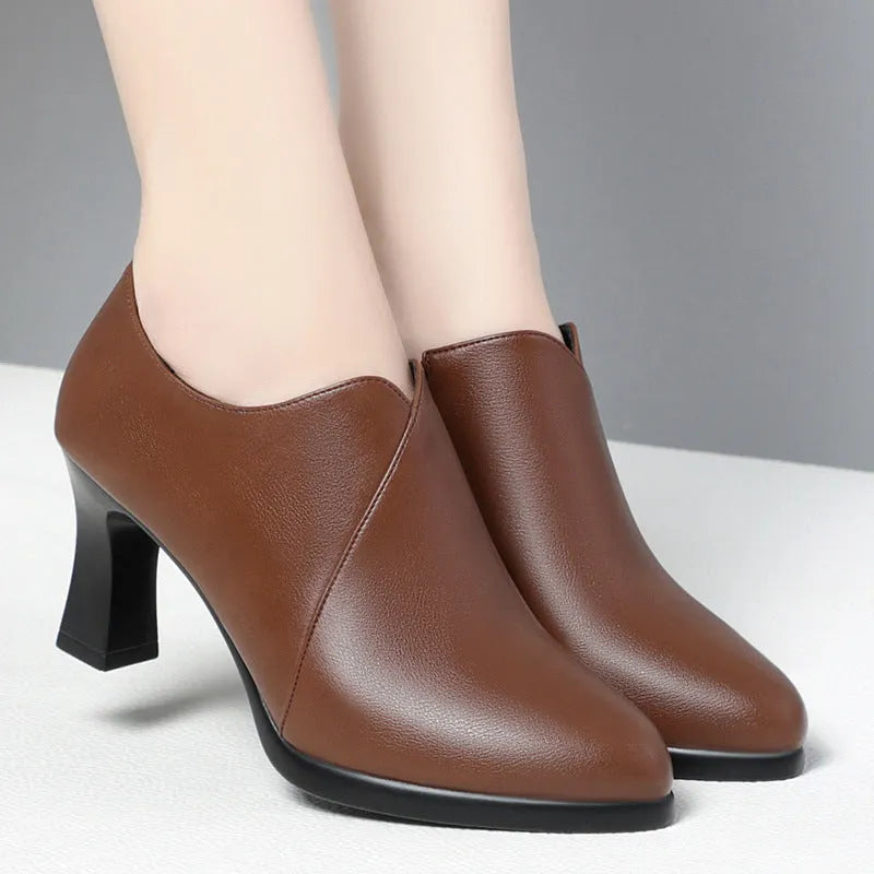 Deep mouth PU leather pumps with side zipper, thick heel, and tip-toe design in black and brown
