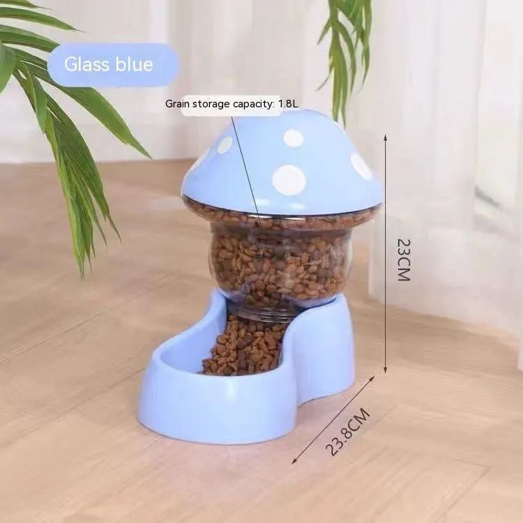 Blue mushroom-shaped automatic pet feeder with dual compartments for water and dry food, made from food-grade PP