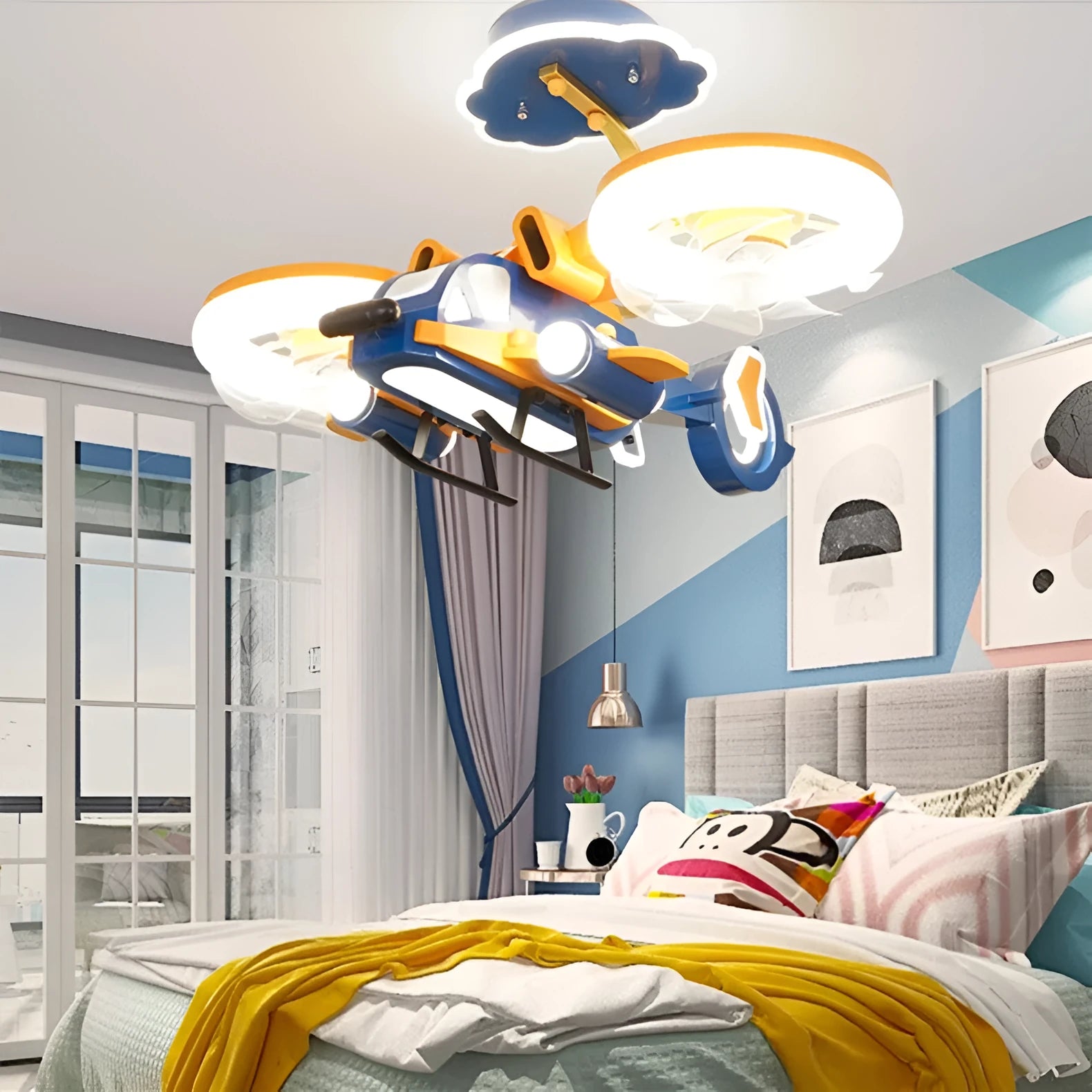 Smart Fighter Boy ceiling fan light with metal blades and acrylic lampshade, yellow and blue colour scheme for large bedrooms