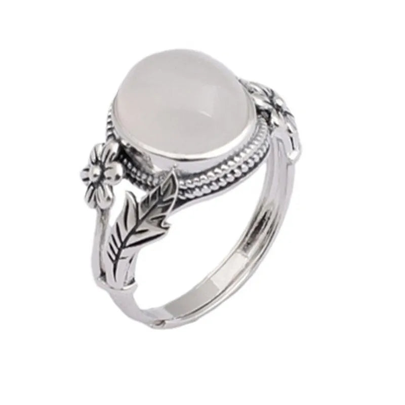 Adjustable vintage copper ring with antique finish and imitation white chalcedony colour