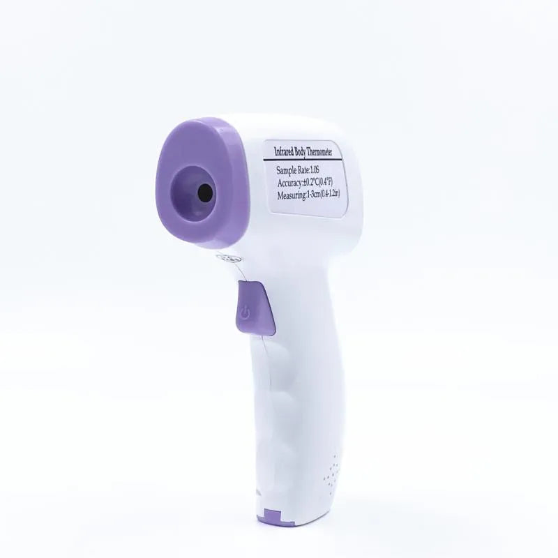 White handheld digital non-contact thermometer on a plain background.