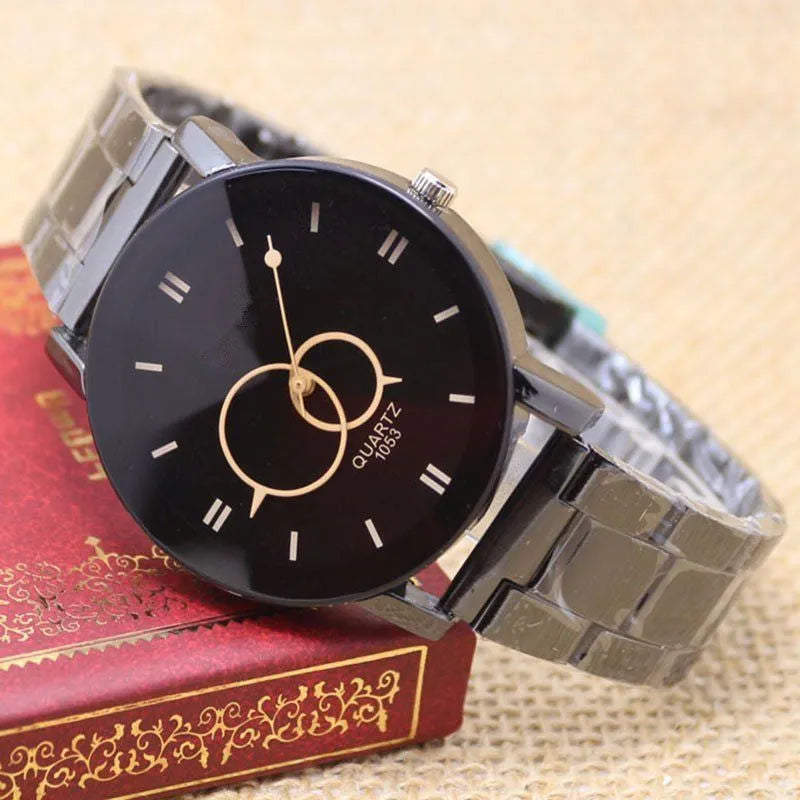 Quartz movement black steel strap watch with metal case and glass mirror