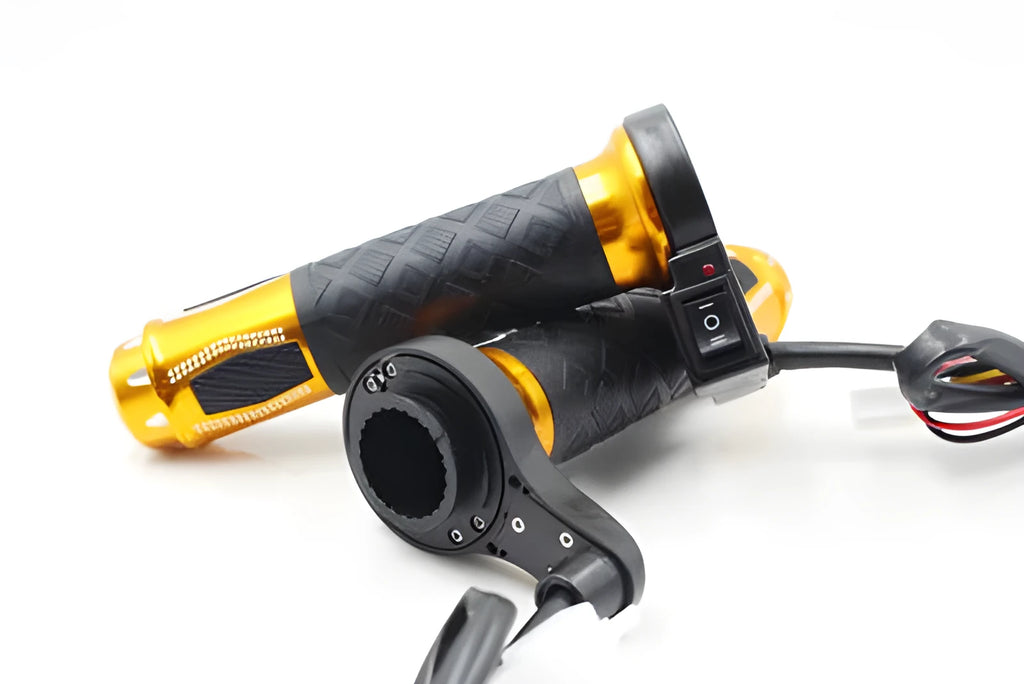 Pair of 12V heated motorcycle handlebar grips for 22mm J-caliber models in blue, gold, or red