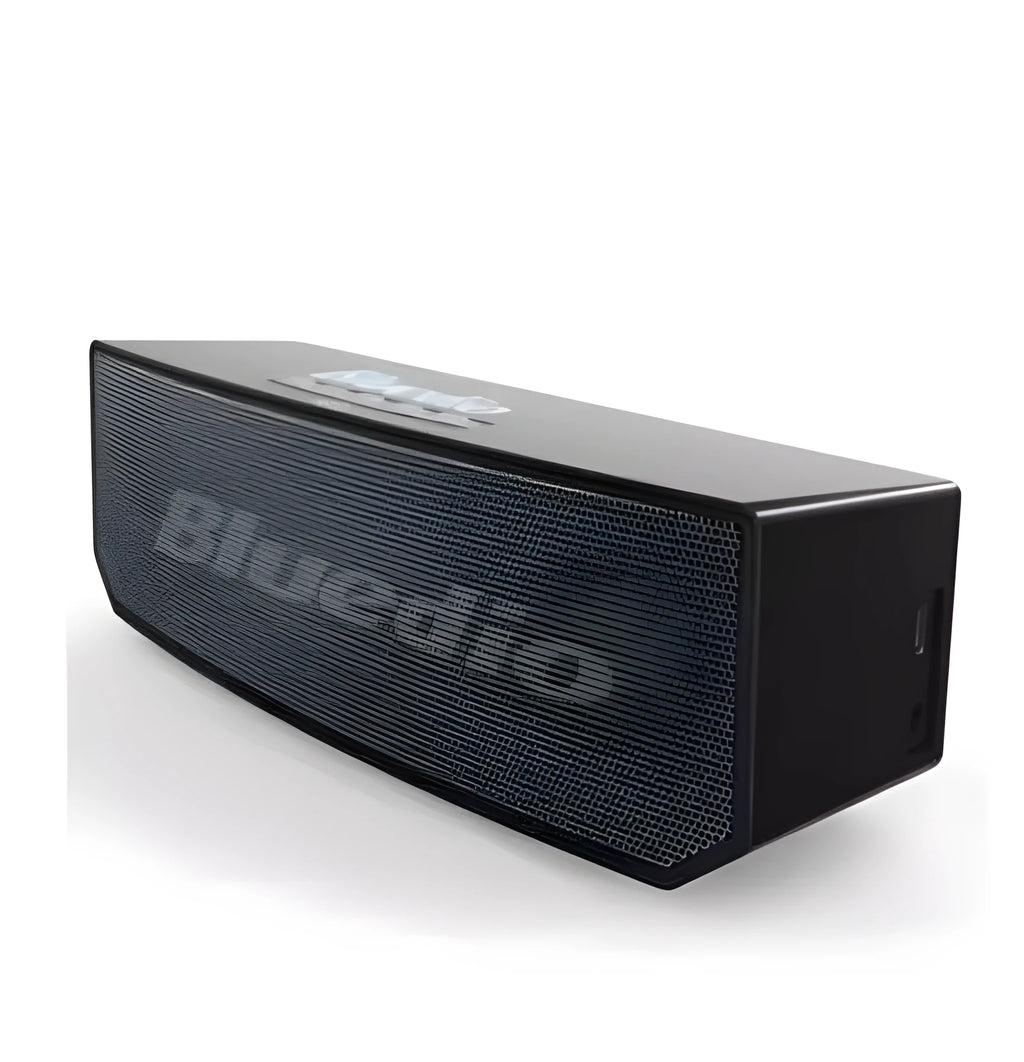 Black rectangular smart speaker with AI voice assistant, showing front grille and micro-USB port.