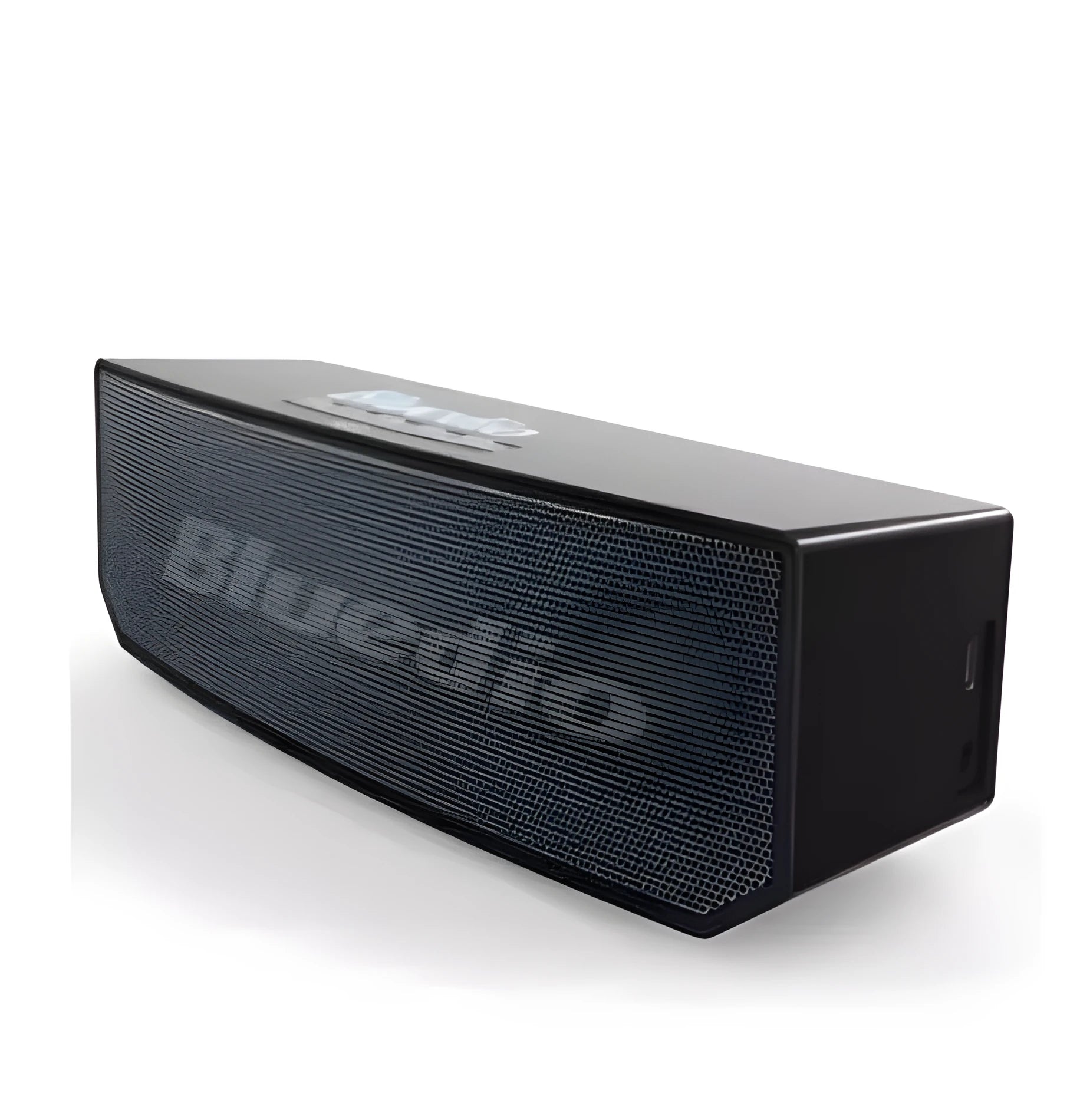 Black rectangular smart speaker with AI voice assistant, showing front grille and micro-USB port.