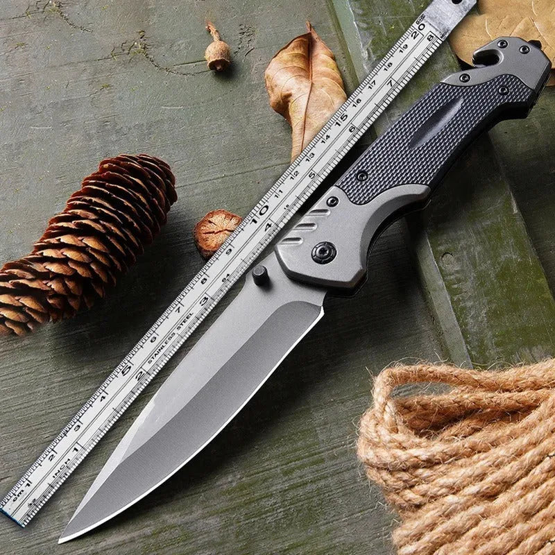 Alloy folding knife showing blade and handle with 60-degree tip angle