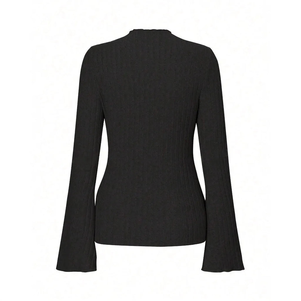 Men's black slim fit long sleeve top with sunken stripe pattern and lantern sleeves