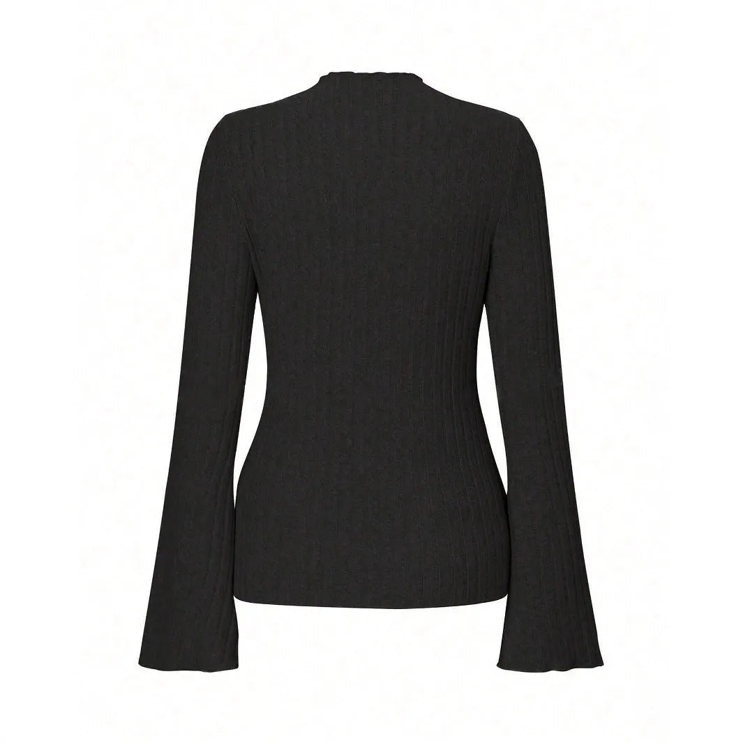 Men's black slim fit long sleeve top with sunken stripe pattern and lantern sleeves