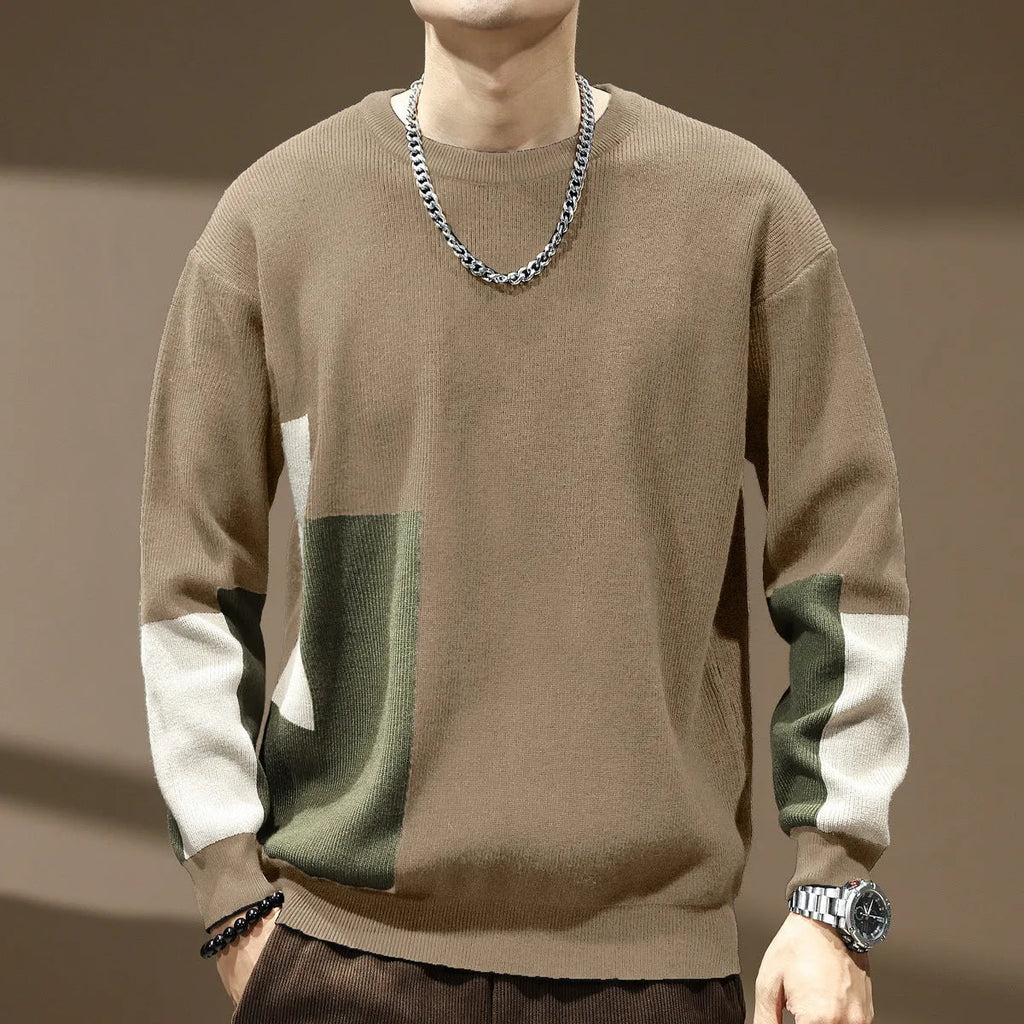 Men's black high sense colour contrast patchwork loose-fitting oversized polyester sweater with long sleeves
