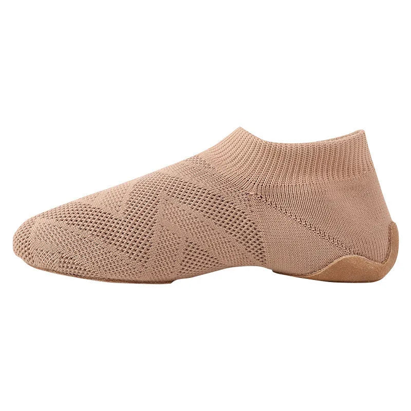 Camel coloured cotton and mesh Latin dance shoes with leather soles for contemporary yoga