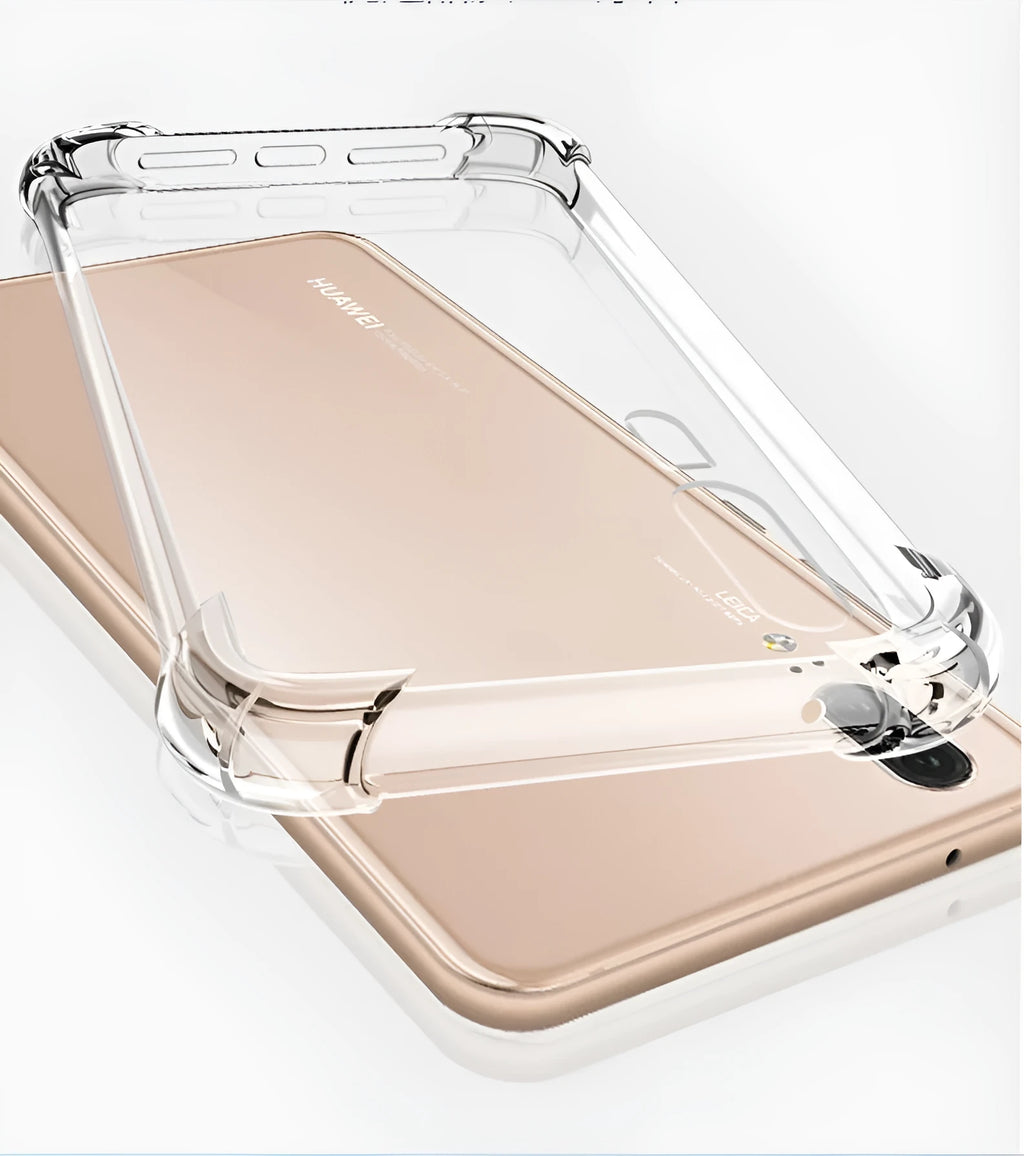 Transparent airbag drop-resistant TPU phone case for a Huawei smartphone on a table.