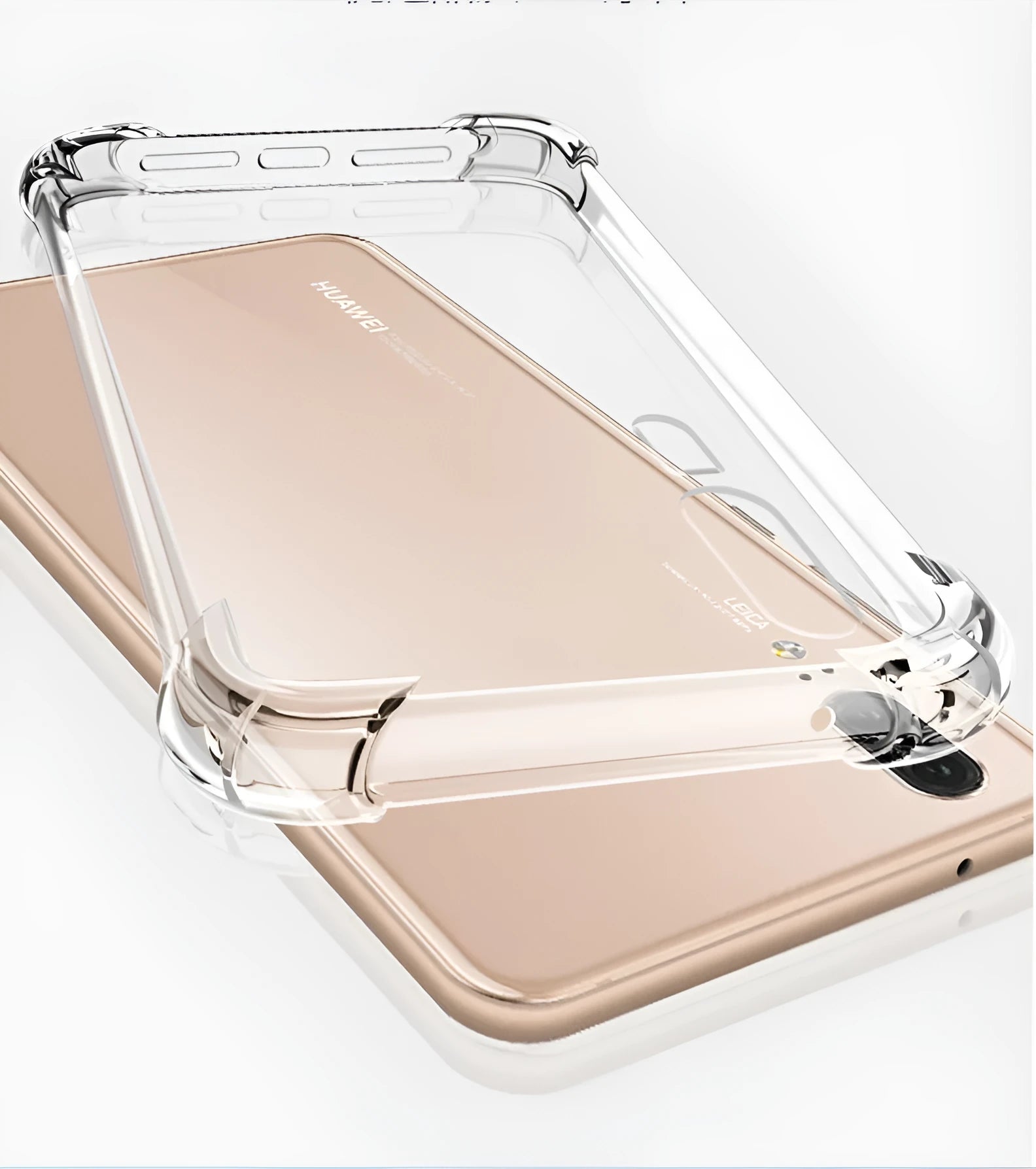 Transparent airbag drop-resistant TPU phone case for a Huawei smartphone on a table.