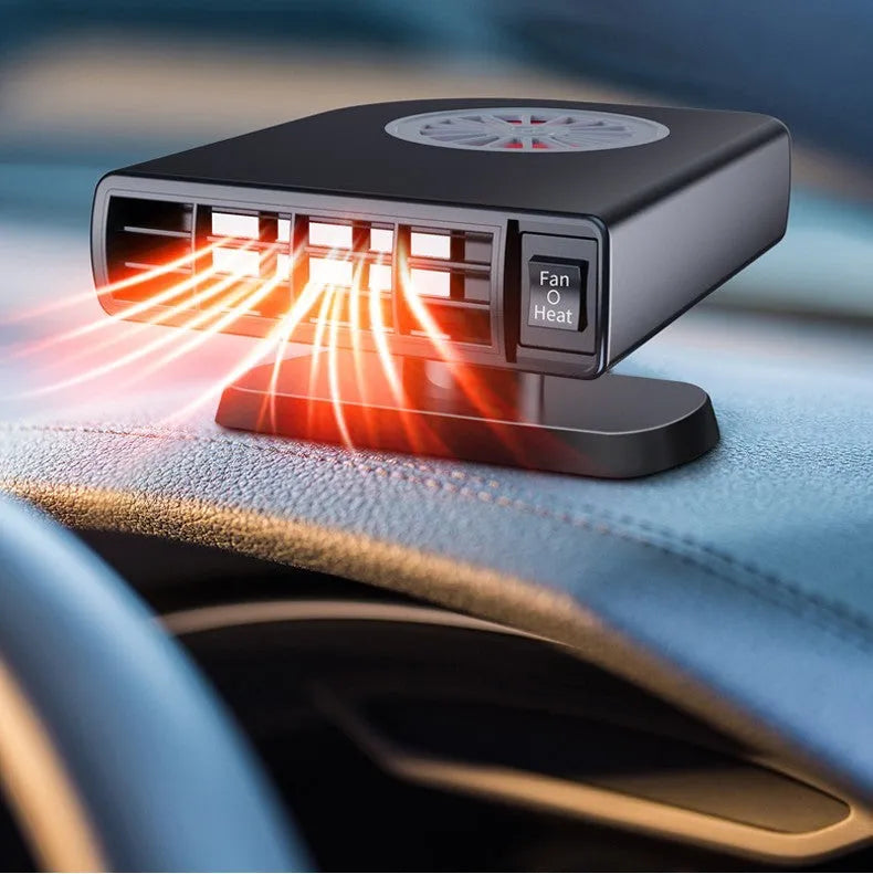 Black ABS vehicle-mounted heater measuring 11x6.5x14cm for 12V defrosting defogging and air purification