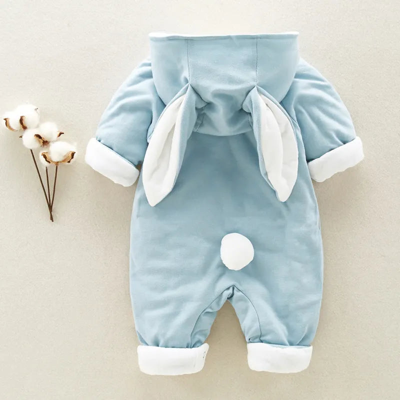 Thick cotton hooded baby romper in blue with long sleeves and single-breasted closure for newborns