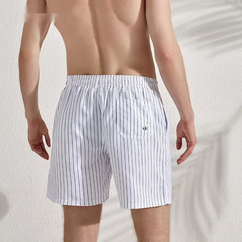 Men's white striped quick-drying beach pants with lining, loose straight leg, sizes M to XXXL