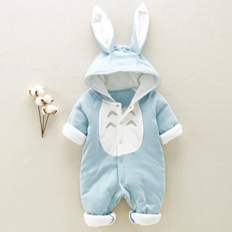 Thick cotton hooded baby romper in blue with long sleeves and single-breasted closure for newborns