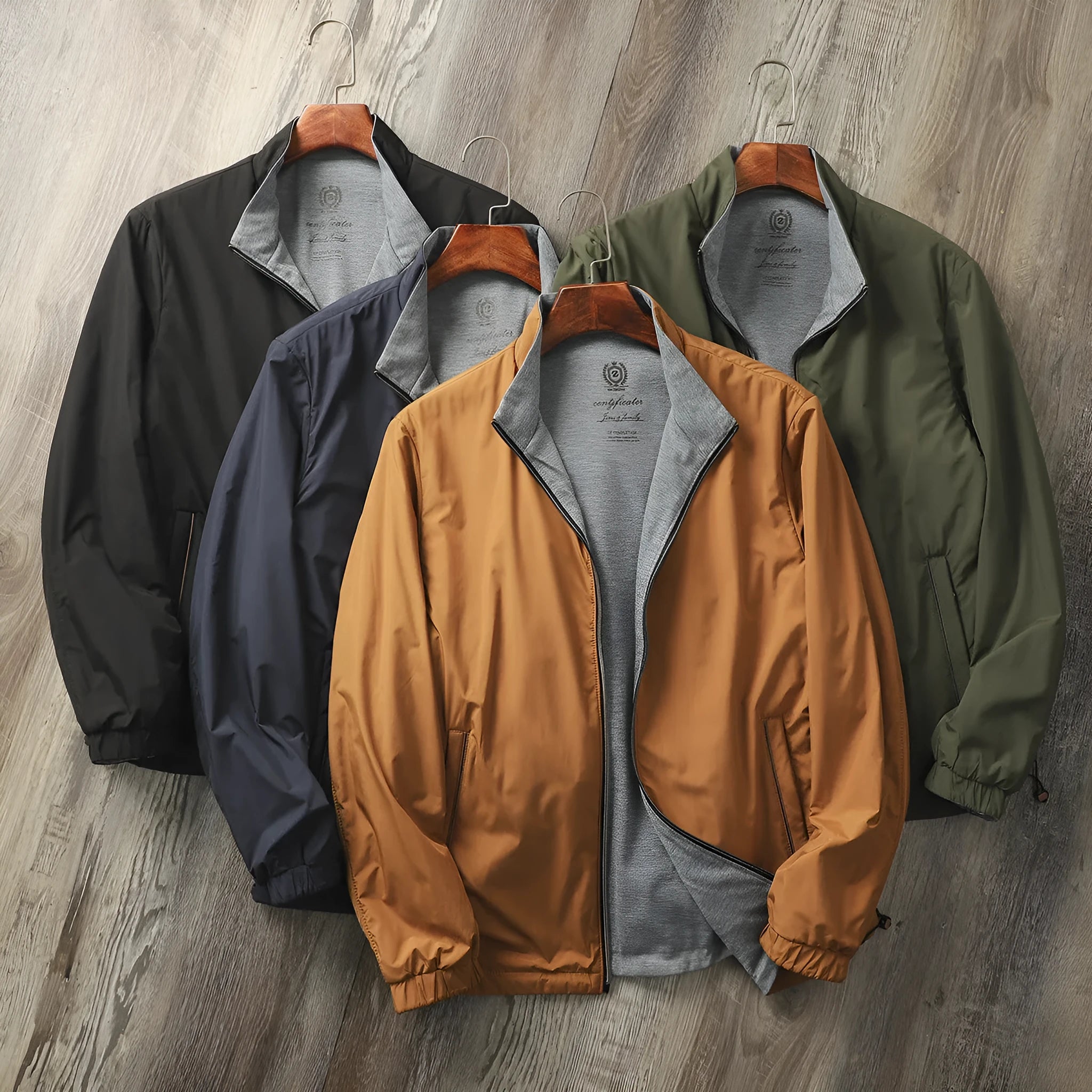 Men's stand collar casual jacket in Army Green, shown on a model, regular fit.