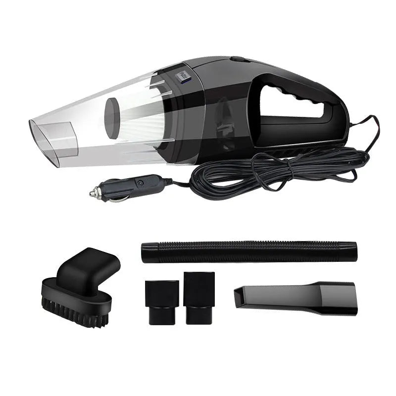Orange handheld car vacuum cleaner with nozzle attached, showing compact design for vehicle use