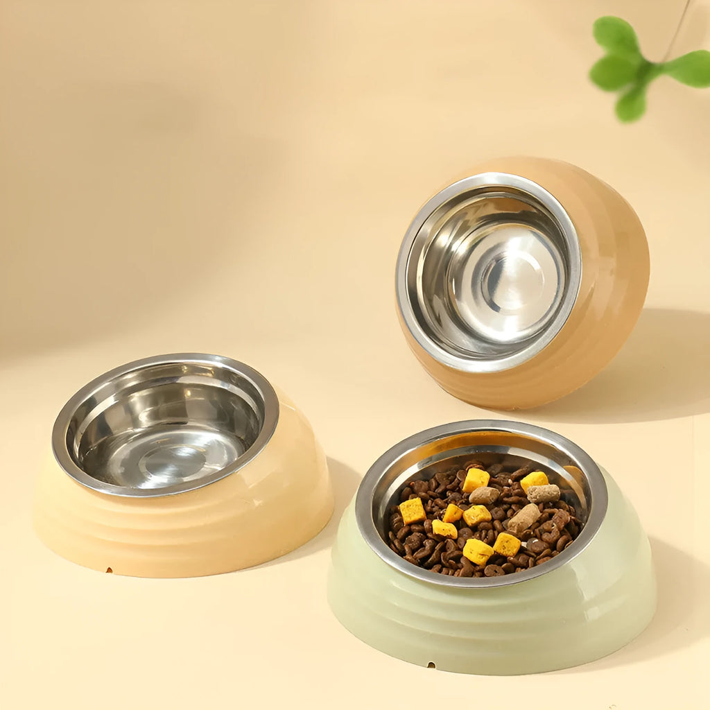 Stainless steel cat bowl in plastic base available in beige, brown, and light green colour variations