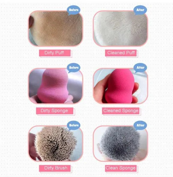 50ml makeup brush cleaning liquid in a clear bottle with a white cap, next to a makeup brush