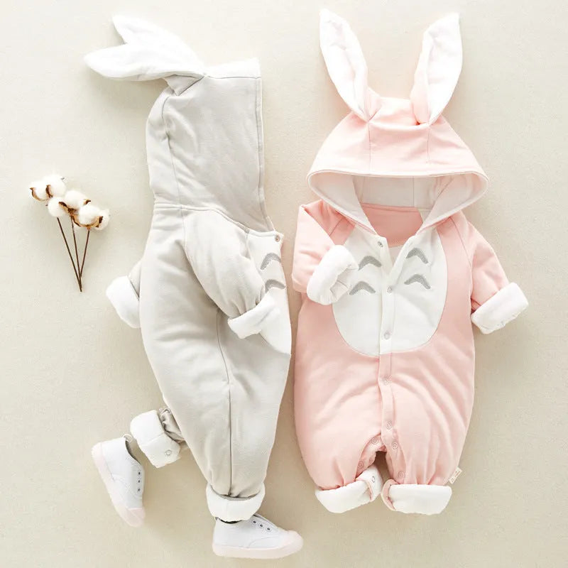 Thick cotton hooded baby romper in blue with long sleeves and single-breasted closure for newborns