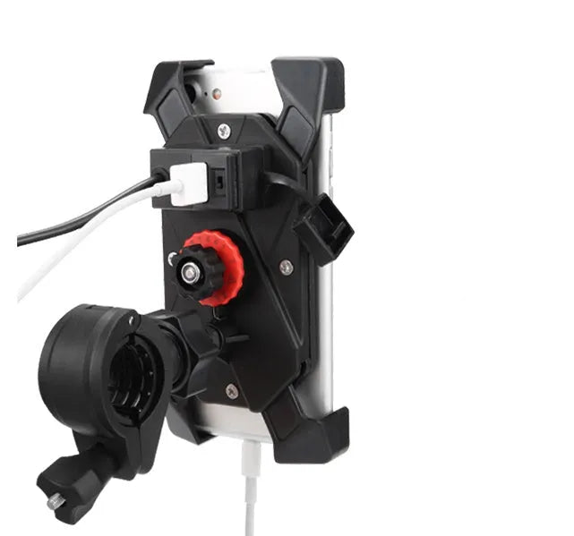 Black motorcycle phone holder mounted on handlebar with charging cable attached