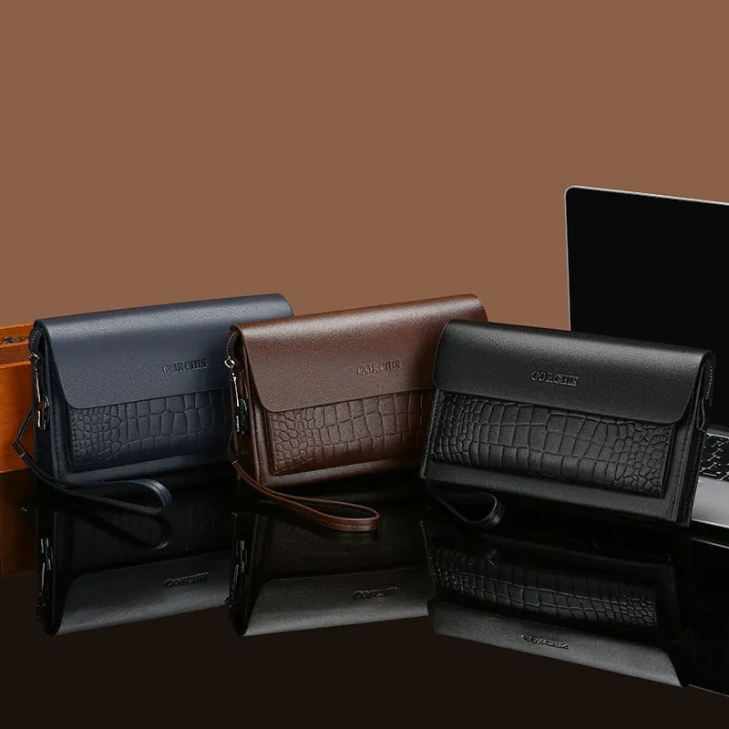 Men's black PU leather casual clutch with multiple card slots and plaid pattern