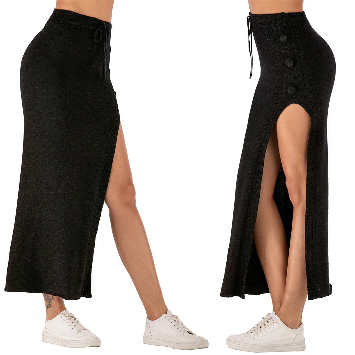 A slim-fit black midi skirt with a split hem and strap detail, made from acrylic fabric.