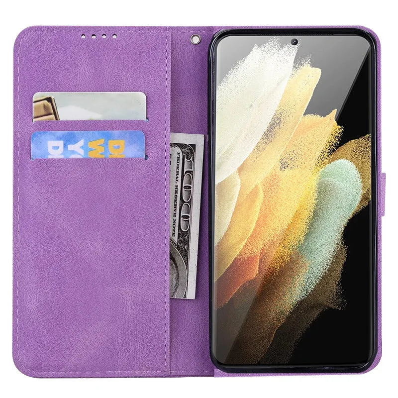Retro big bowknot embossed leather phone case for Apple and Samsung with kickstand bracket, purple colour