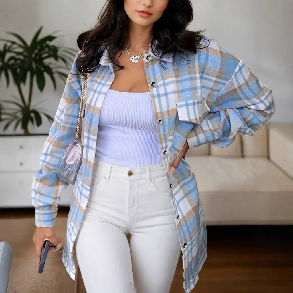 Women's lapel plaid long sleeve shirt jacket in blue with pockets, casual cardigan coat